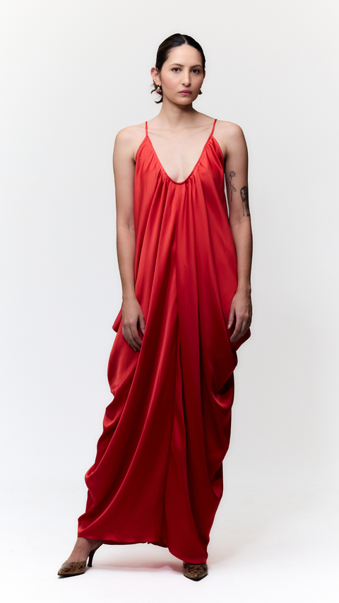 Vestido Coluna — Longo em Cetim com Drapeados e Costas Abertas